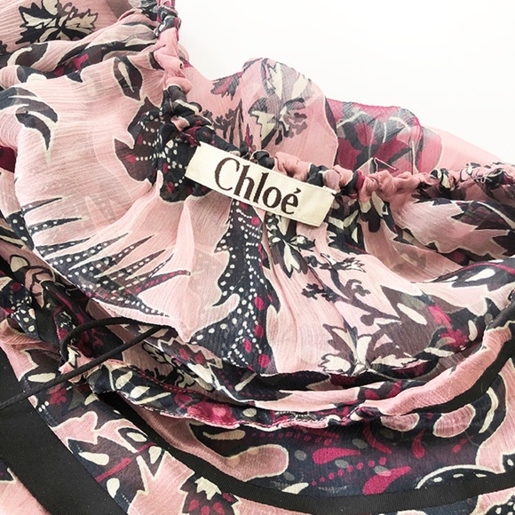 CHLOE Ruffled Cactus-Print Silk Blouse, Pink/Burgandy - Picture 7 of 12